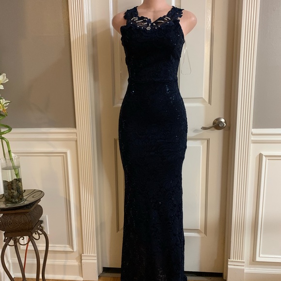 la scala Dresses & Skirts - Women junior blue navy lace sequins halter bodycon mermaid maxi dress size (S)